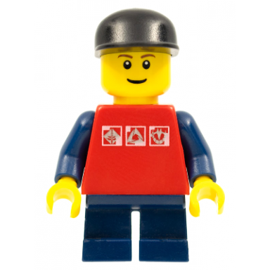 red shirt with 3 silver logos dark blue arms dark blue short legs black cap
