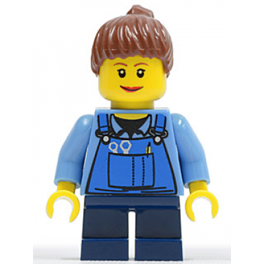 overalls with tools in pocket blue reddish brown ponytail hair lipstick dark blue short legs
