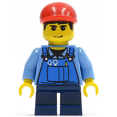 overalls with tools in pocket blue red short bill cap dark blue short legs