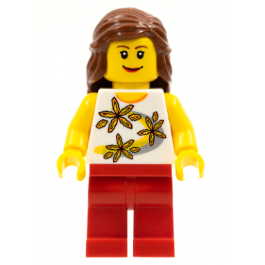 yellow flowers red legs reddish brown female hair mid-length
