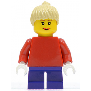 plain red torso with red arms dark purple short legs tan female ponytail hair brown eyebrows