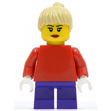 plain red torso with red arms dark purple short legs tan female ponytail hair black eyebrows