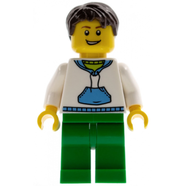 white hoodie with medium blue pocket green legs dark brown short tousled hair