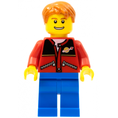 red jacket with zipper pockets and classic space logo blue legs dark orange short tousled hair