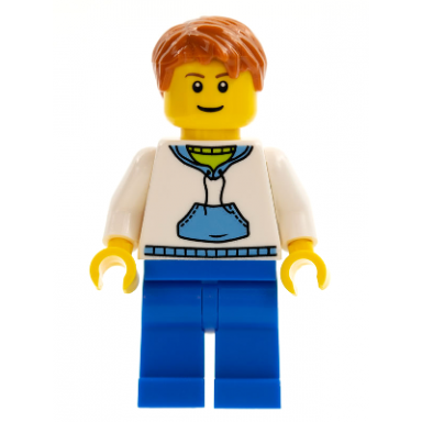 white hoodie with medium blue pocket blue legs dark orange short tousled hair
