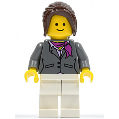 dark bluish gray jacket with magenta scarf white legs dark brown hair ponytail long with side bangs