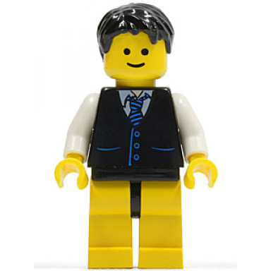 black vest with blue striped tie black hips and yellow legs black short tousled hair