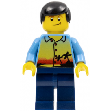 sunset and palm trees - male dark blue legs black male hair lopsided smile