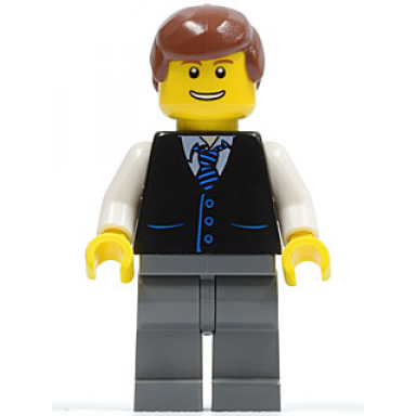 black vest with blue striped tie dark bluish gray legs white arms reddish brown male hair