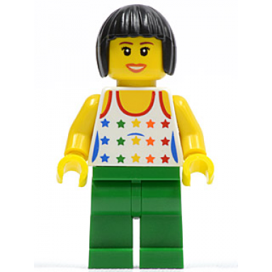shirt with female rainbow stars pattern green legs black bob cut hair