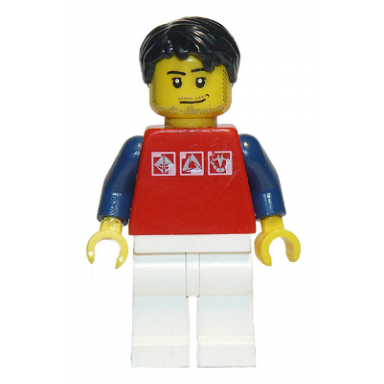 red shirt with 3 silver logos dark blue arms white legs black short tousled hair