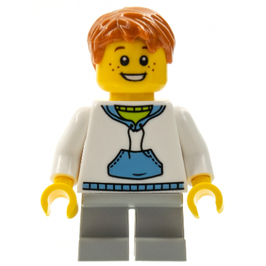 child - boy white hoodie with medium blue pocket light bluish gray short legs dark orange tousled hair freckles