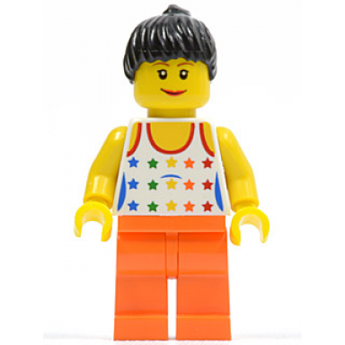 shirt with female rainbow stars pattern orange legs black ponytail hair