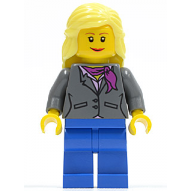dark bluish gray jacket with magenta scarf blue legs bright light yellow female hair mid-length