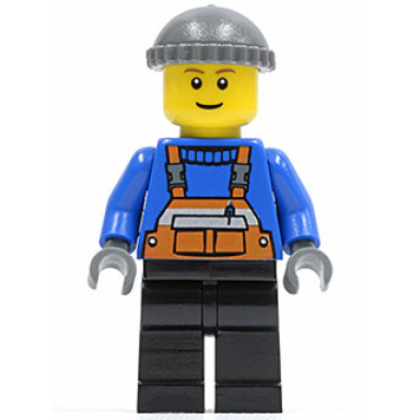 overalls with safety stripe orange black legs dark bluish gray knit cap brown eyebrows thin grin
