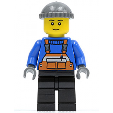 overalls with safety stripe orange black legs dark bluish gray knit cap black eyebrows thin grin