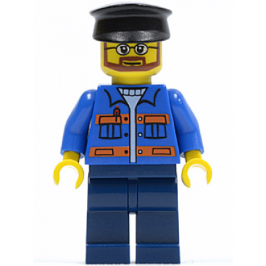 blue jacket with pockets and orange stripes dark blue legs black hat