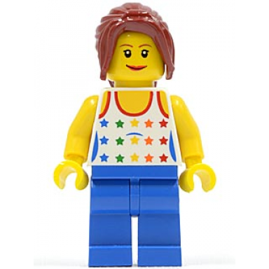 shirt with female rainbow stars pattern blue legs dark red hair ponytail long with side bangs