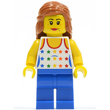 shirt with female rainbow stars pattern blue legs dark orange female hair mid-length