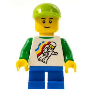 classic space minifigure floating pattern blue short legs lime short bill cap black eyebrows