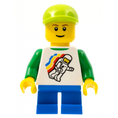 classic space minifigure floating pattern blue short legs lime short bill cap reddish brown eyebrows