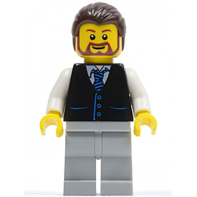 black vest with blue striped tie light bluish gray legs white arms dark brown hair brown beard rounded