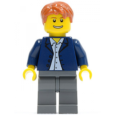 dark blue jacket light blue shirt dark bluish gray legs dark orange male hair