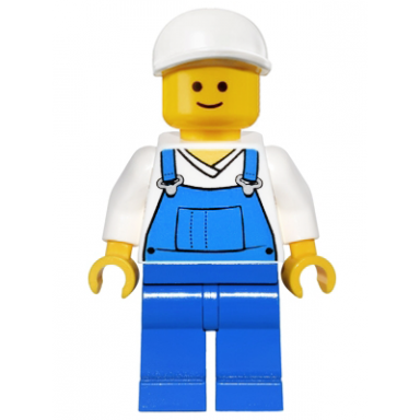 overalls blue over v-neck shirt blue legs white short bill cap