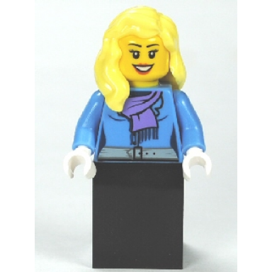 medium blue jacket with light purple scarf black skirt bright light yellow female hair over shoulder