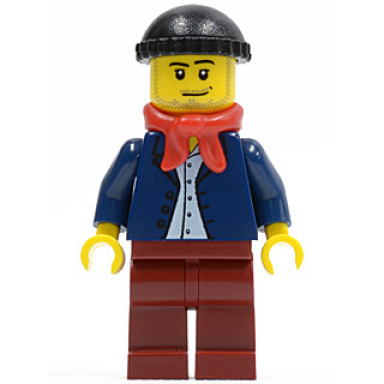 dark blue jacket light blue shirt dark red legs red bandana black knit cap