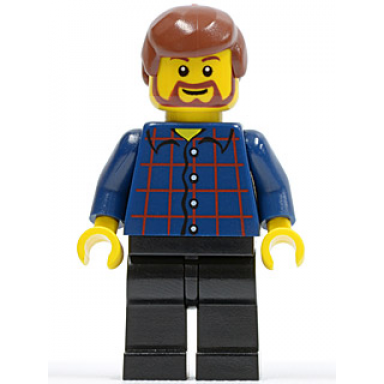 plaid button shirt black legs reddish brown male hair reddish brown beard and eyebrows