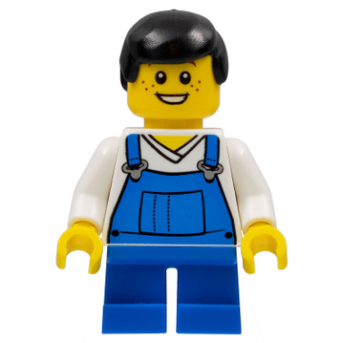 overalls blue over v-neck shirt blue short legs black male hair