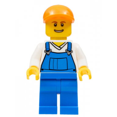 overalls blue over v-neck shirt blue legs orange short bill cap