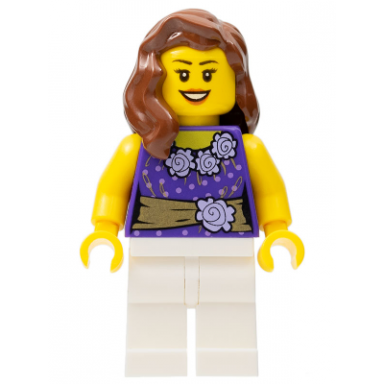 female dark purple blouse with gold sash and flowers white legs