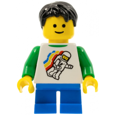 boy - classic space minifigure floating pattern blue short legs black tousled hair