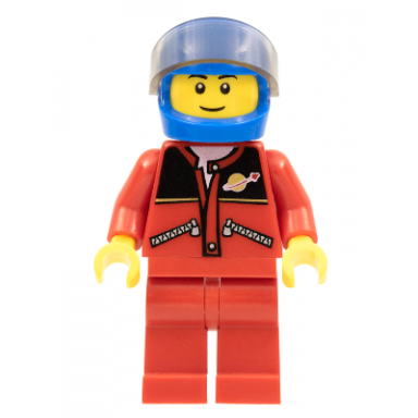 red jacket with zipper pockets and classic space logo red legs blue helmet
