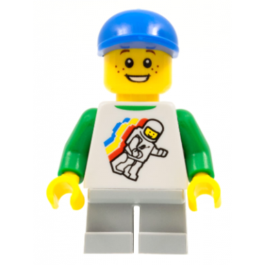 classic space minifigure floating pattern light bluish gray short legs blue short bill cap