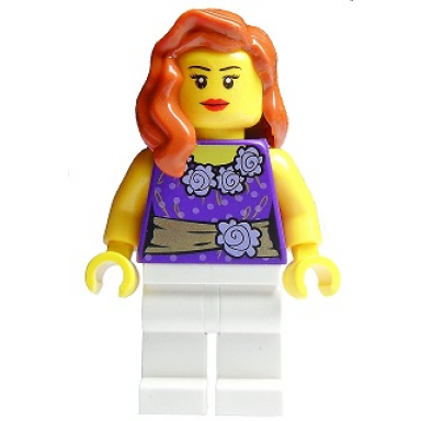 female dark purple blouse with gold sash and flowers white legs red lips