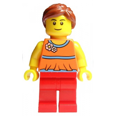 orange halter top with medium blue trim and flowers pattern red legs reddish brown ponytail and swept sideways fringe
