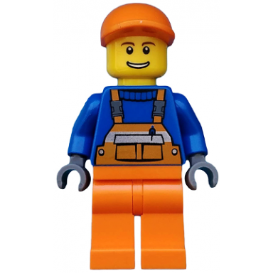 overalls with safety stripe orange orange legs orange short bill cap thin grin with teeth