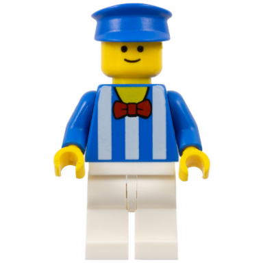 palace cinema employee - blue shirt with white stripes and red bow tie white legs blue police hat standard grin