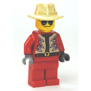red jacket with tan and white zigzag pattern red legs tan fedora black and silver sunglasses