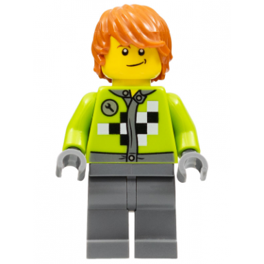 lime jacket with wrench and black and white checkered pattern dark bluish gray legs dark orange hair crooked smile