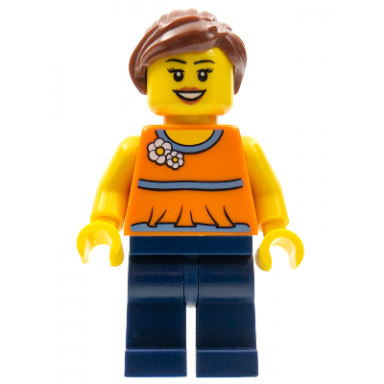 orange halter top with medium blue trim and flowers pattern dark blue legs reddish brown ponytail and swept sideways fringe