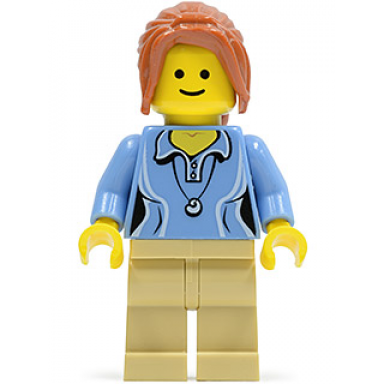 medium blue female shirt with two buttons and shell pendant tan legs dark orange hair ponytail long with side bangs