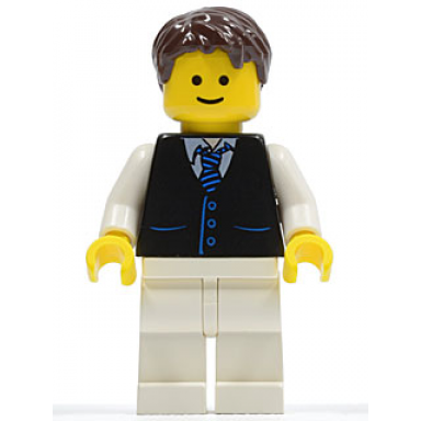 black vest with blue striped tie white legs dark brown short tousled hair