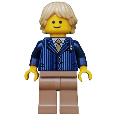 businessman pinstripe jacket and gold tie dark tan legs tan tousled and layered hair