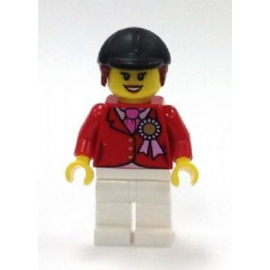 red riding jacket with award ribbon white legs black riding helmet