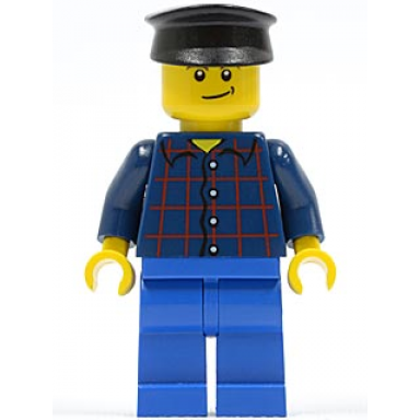 plaid button shirt blue legs black hat lopsided smile with dimple truck driver