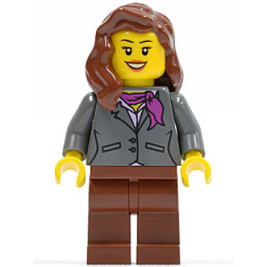 dark bluish gray jacket with magenta scarf reddish brown legs reddish brown female hair over shoulder